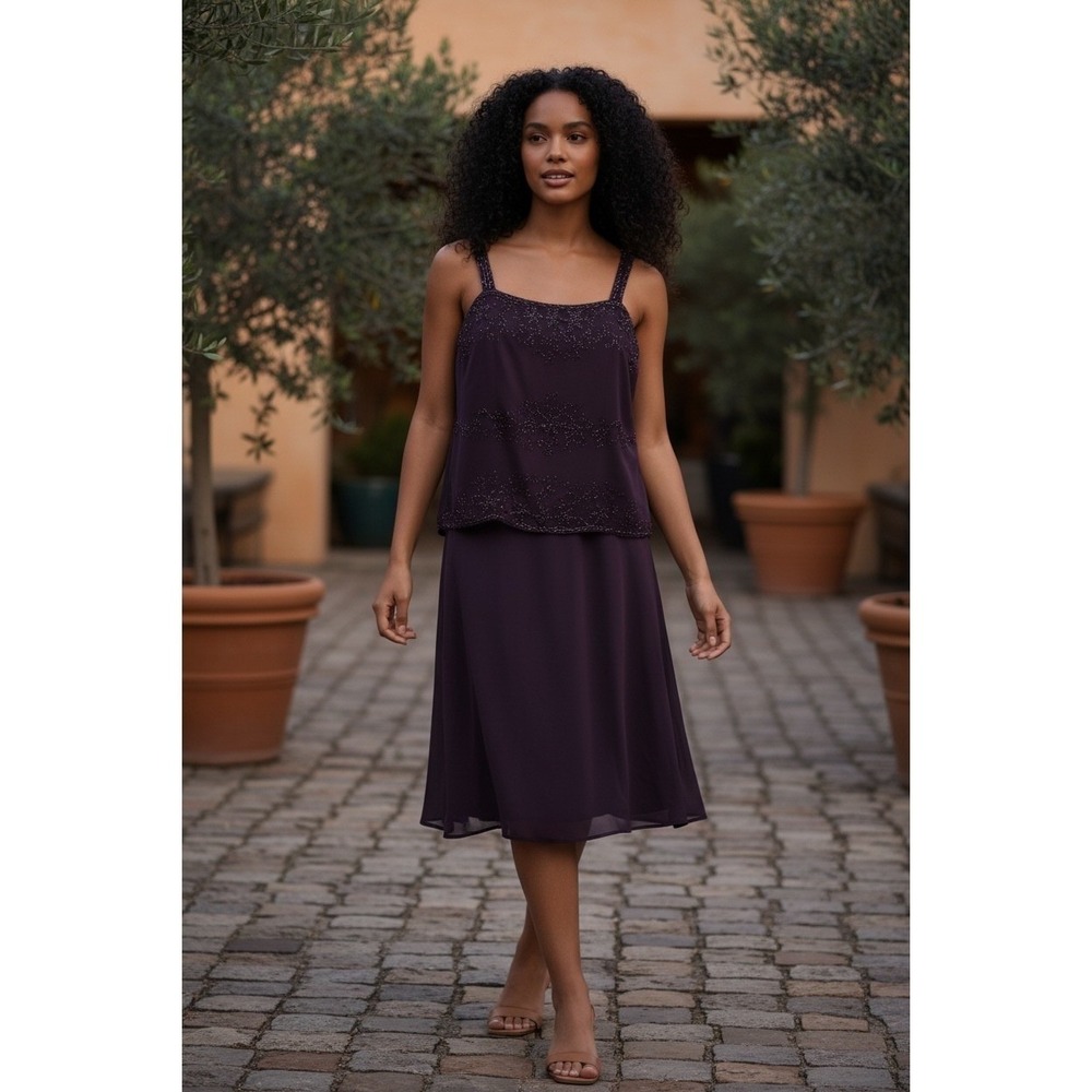 Marsoni by Colors Beaded Tiered Cocktail Dress Purple Chiffon Midi Size 16